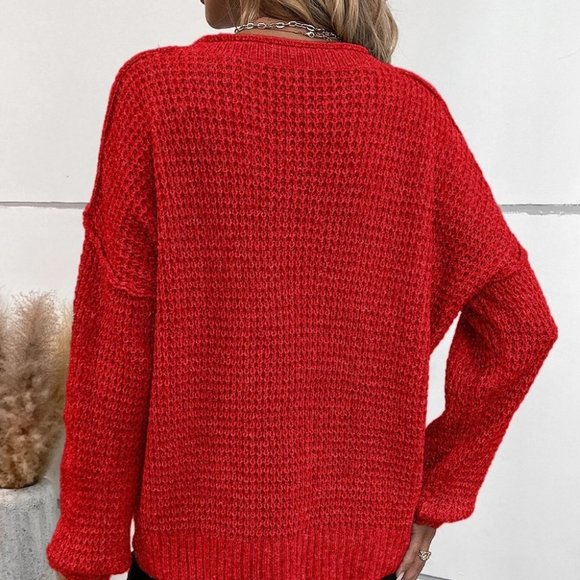 Casual Button detailed knit Sweater top red - Picture 2 of 5